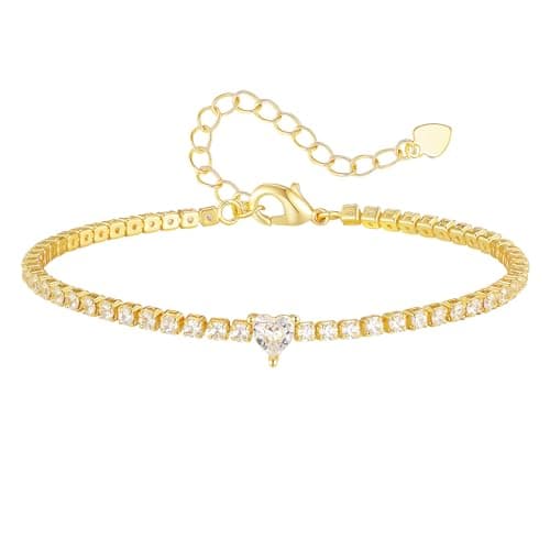 Gold Heart Tennis Bracelet for Women - 14K Gold Plated Heart Cubic Zirconia Link Bracelet, Adjustable Dainty Minimalist Design, Trendy Anniversary Birthday Valentine’s Day Jewelry Gift for Her Girfriend Daughter (Gold)