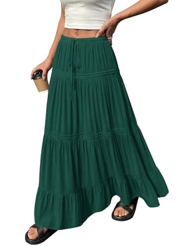BTFBM Spring Skirts for Women 2026 Summer Boho Beach Vacation Clothes Casual Pleated High Waisted Flowy Maxi Skirt(Green, Large) - Thumbnail 2