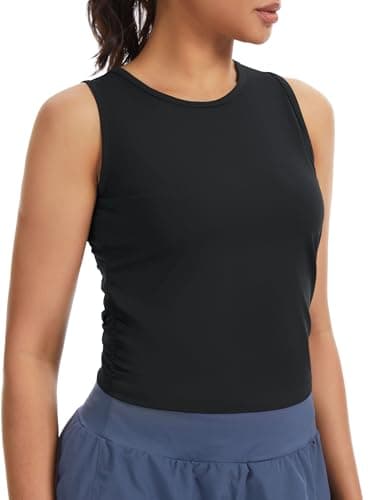 THE GYM PEOPLE Women’s Ruched Tank Tops Slim Fit Breathable Soft Basic Running Yoga Sleeveless Workout Shirts Black - Image 1