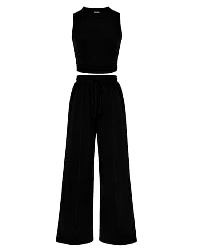 BTFBM Summer Outfits For Women 2026 Ribbed Sleeveless Tank Tops Wide Leg Pants 2 Piece Sets Lounge Set Clothing(Black, Small) - Image 1