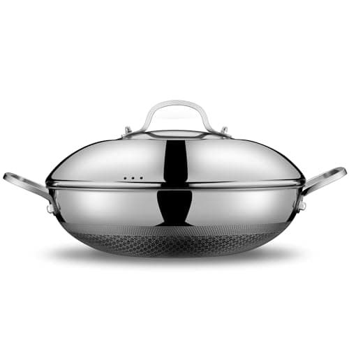 SNOWCLAD Wok, 13 Inch Hybrid Woks & Stir-fry Pans Nonstick with Double Handles, Non Toxic Stainless Steel Wok Pan with Lid, Dishwasher Induction Oven Broiler Safe - Thumbnail 2