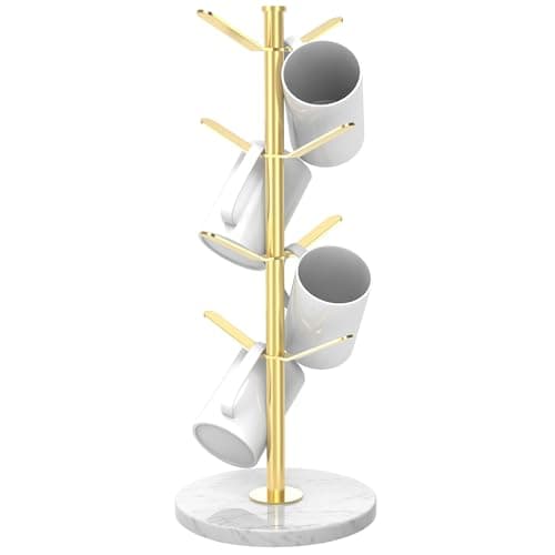 ZYZWTG Marble Mug Holder Tree with 8 Hooks, Stainless Steel Coffee Cup Holder, Non-Slip Silicone Pads, Heavy Duty Marble Base, Countertop Organizer for Kitchen & Cafe, Gold - Image 1