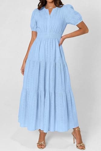 PRETTYGARDEN Womens Summer Maxi Dresses 2026 Casual Puff Sleeve V Neck Smocked Flowy Eyelet Cotton Dress Spring Sundress(Light Blue,X-Large) - Thumbnail 2