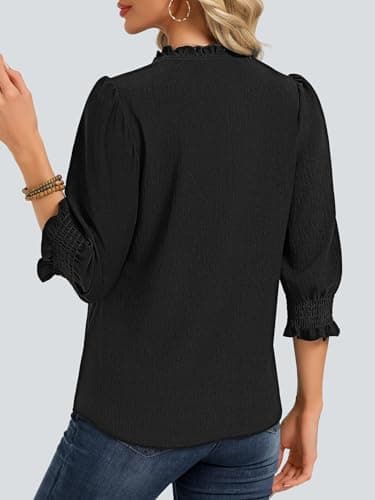 Funlingo 3/4 Length Sleeve Womens Tops Dressy Casual Flowy Blouses Boho Ruffle V Neck Lace T Shirts with Smocked Cuffs 2026 Fashion Clothing Black XL - Thumbnail 4
