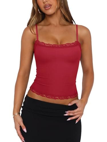 PINKMSTYLE Women Lace Cami Square Neck Tank Tops Y2k Summer Adjustable Spaghetti Strap Camisole Tops Sleeveless Shirts Red Large - Thumbnail 2