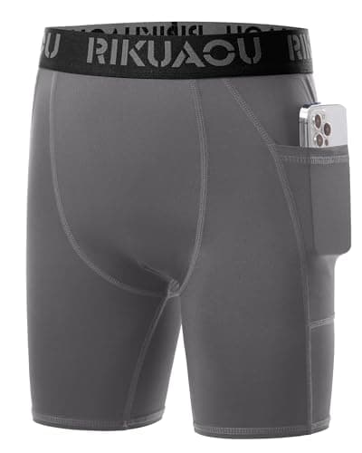 RIKUAOU Youth Boys Compression Shorts with Side Pockets, Kids Athletic Base Layers Running Underwear for Baseball Football Gray - Image 1