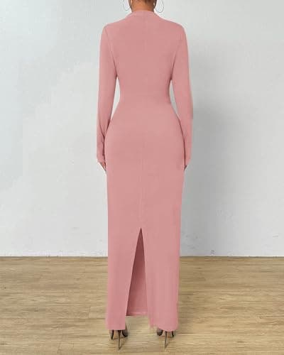 BTFBM Women Bodycon Maxi Dress Long Sleeve Back Slit Ruched Elegant Party Cocktail Formal Fall Wedding Guest Dresses(Pink, Small) - Thumbnail 4