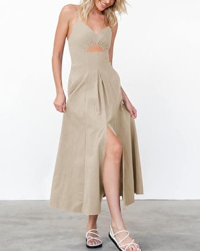BTFBM Women 2026 Spaghetti Strap Midi Summer Dresses Sleeveless V Neck Cutout Slit Casual Beach Party Maxi Dress Pockets(Apricot, X-Large) - Thumbnail 4