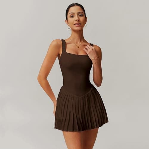 Womens Square Neck Tennis Dress Sleeveless Built in Shorts with Pockets Golf Athletic Dress Chestnut-M - Thumbnail 4