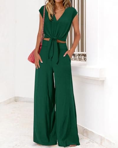 PRETTYGARDEN Women's Summer 2 Piece Outfits 2026 Cap Sleeve V Neck Belted Crop Tops Wide Leg Pant Sets Casual Tracksuit(Solid Dark Green,XX-Large) - Thumbnail 3