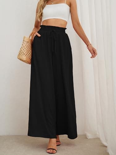 AusLook Women's Wide Leg Dress Pants with Pockets Black XX-Large Lightweight Elastic High Waisted Adjustable Tie Knot Flowy Loose Slacks Lounge Casual Ladies Beach Pleated Trousers - Thumbnail 2