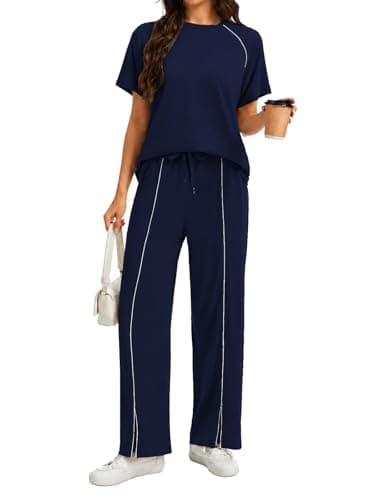 imbpceu Women's Two Piece Sets Casual Short Sleeve Top Wide Leg Pants Summer Matching Sweatsuit Navy Blue L - Image 1