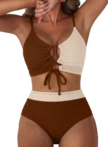 Herseas Womens Tummy Control Bikini Sets Color Block Tie Front Textured 2 Piece Swim Suits Wire Free Padded Cut Out Ruched High Waisted Bathing Suits Beach Vacation Outfits Coffee X-Small - Image 1