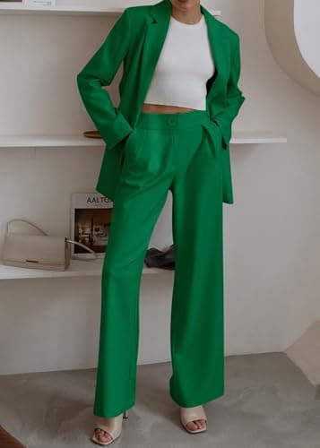 KIRUNDO Women Suits 2 Piece Set Business Casual Dressy Oversized Blazer Jacket and Wide Leg Dress Pantsuits Formal Outfits(Green, Medium) - Thumbnail 6