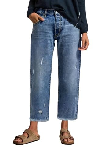 EVALESS Jeans for Women Trendy High Waisted Loose Distressed Frayed Raw Hem Denim Pants Casual Baggy Jean Trousers with Pockets Dusk Blue Size 16 - Image 1