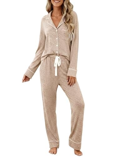 Samring Women's Pajama Sets Long Sleeve Button Down Pjs Lounge Set Soft Cotton Warm Flannel 2 Piece Sleepwear Light Brown L - Image 1