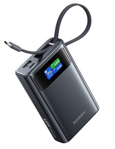 RORRY 45W Portable Charger, 20000mAh Power Bank Fast Charging with Extended Built-in USB C Cable, Travel Battery Pack for iPhone 17/16/15, Samsung Galaxy, Google, iPad, MacBook, Dark Gray - Image 1