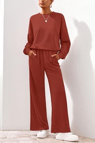PRETTYGARDEN Women 2 Piece Outfits 2026 Fall Sweatsuits Crewneck Sweatshirt Wide Leg Sweatpants Lounge Sets Tracksuit(Brick Red,X-Small - Thumbnail 2