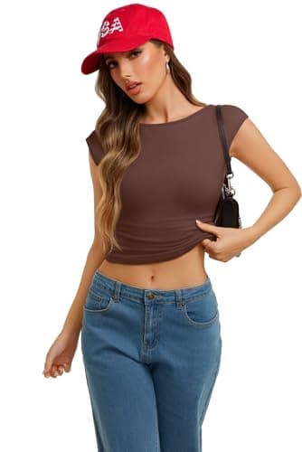 REORIA Womens Sexy Backless Going Out Tops Double Lined Boat Neck Cap Sleeve Shirts Slim Fitted Open Back Y2k Basic Tee, Coffee Medium - Thumbnail 5