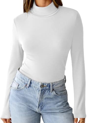 GKBK Womens Long Sleeve Shirts Mock Turtleneck Turtle Neck Fall Fashion Basic Thermal Underwear Layer Tops Tight Slim Fit Cute Ribbed T-Shirts Winter Pullover Clothes 2025 White S - Image 1