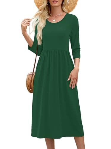 Heymoments Women Dress Green Medium Wedding Guest Crewneck 3/4 Sleeves A line Casual Flowy Swing Cocktail Slimming Birthday Party Spring Fall Winter Travel Long Midi Dresses with Pocket - Image 1