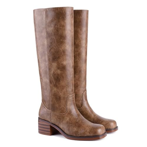 Migpuel Knee High Boots for Women Square Toe Riding Boots Chunky Block Heel Wide Calf Tall Boots Comfortable Low Heel Campus Casual 9,chocolate - Thumbnail 5
