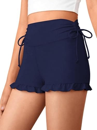 AMAWMW Girls Athletic High Waisted Ruffle Shorts Yoga Dance Cheer Shorts Kids Gymnastics Workout Shorts Dark Blue 9-10Y - Image 1