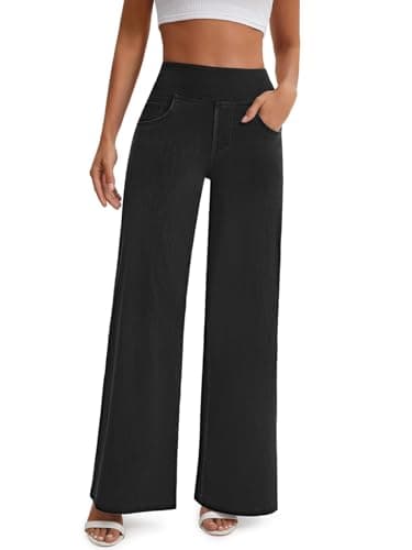 JEAVIA Women's Wide Leg Jeans High Waisted Pull On Baggy Jeans Stretchy Elastic Waist Sweatpant Trendy Loose Denim Pants Black - Image 1
