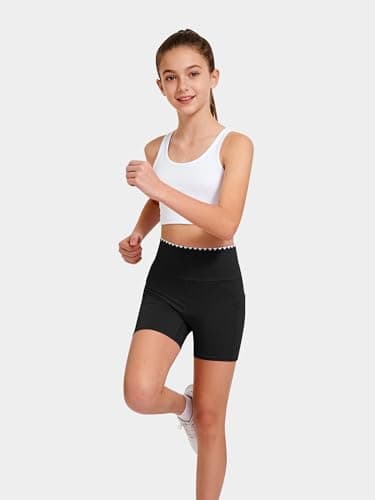 Kislio Girls Athletic Shorts Kids Workout High Waisted Biker Shorts with Pockets Yoga Dance Shorts Teen Summer Clothes Black - Thumbnail 3