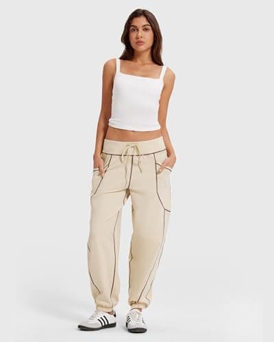 MOOSLOVER Women Baggy Casual Pants Cotton Lightweight Sweatpants Drawstring Mid Waist Athletic Lounge Joggers(M,Khaki) - Thumbnail 5