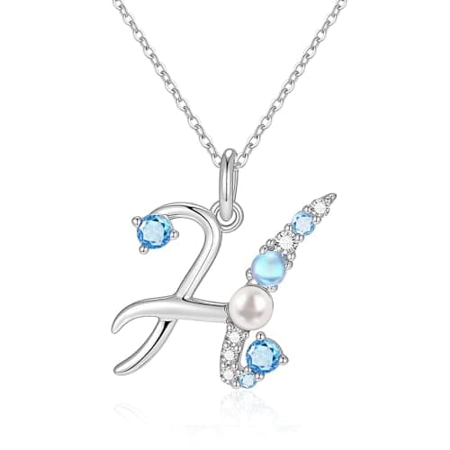 Initial Letter Necklace for Women – 14K White Gold Plated Cubic Zirconia Letter Pearl Pendant, Dainty A-T Alphabet Jewelry, Gift for Mom Wife Valentine Mother Day Christmas H - Image 1