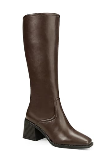 Quorvash Knee High Boots Women - Long Elastic Faux Leather Boots Tall Square Toe Chunky Block High Heel Shoes with Side Zipper Brown 6.5 - Image 1