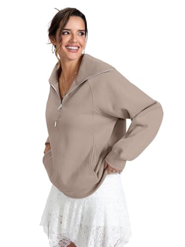 EasyGala Womens Fleece Lined Sweatshirts Oversized Half Zip Warmth Pullover with Pocket Trendy Long Sleeve Going Out Tops Winter Outfits Clothes 2025 Coffeegrey XX-Large - Thumbnail 4