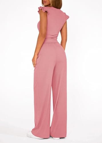 KIRUNDO Two Piece Sets For Women Dressy 2026 Summer Cap Sleeve Cute Tops Wide Leg Pants Spring Matching Set Vacation Outfits(Pink, X-Large) - Thumbnail 2
