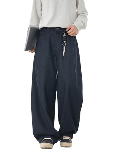 CAONAT Men's Baggy Jeans Wide Leg Loose Fit Pants Hip Hop Y2K Streetwear Long Trousers Blue Medium - Thumbnail 4