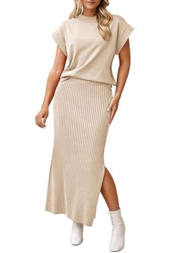 Pink Queen Women Spring Skirt Outfits Cap Sleeve Sweater Tops Ribbed Bodycon Knit Date Night Maxi Dress Set Apricot XL - Image 1