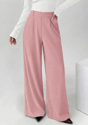 BTFBM Wide Leg Pants for Women Dressy Work Business Casual Elastic High Waisted Trousers Ribbed Lounge Palazzo Pants(Pink, XX-Large) - Thumbnail 6