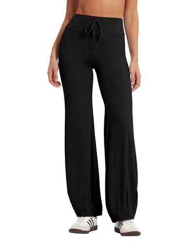 MOOSLOVER Women Bubble Yoga Pants Drawstring Fold Over Flare Leggings Pilates Casual Lounge Pant(XL,Black) - Image 1