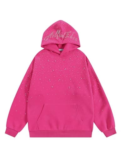 Aelfric Eden Rhinestone Hoodies Men Women Diamond Hooded Sweatshirt Fashion Luxury Casual Streetwear Unisex Hoodie Pullover Hot Pink L