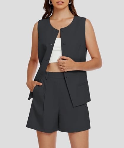 Casly Lamiit Womens 2025 Summer 2 Piece Outfits Sleeveless Crewneck Vest Business Formal Matching Short Sets Dressy Work Suits Dark Grey XL - Thumbnail 3