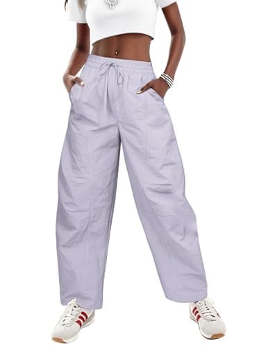 LOOKBOHO Women's Travel Pants 2026 Summer Cargo High Waist Wide Leg Baggy Parachute Casual Drawstring Lightweight Raver Hiking Trouser Streetwear with Pockets Gray X-Large - Image 1