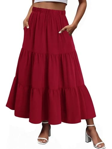 Magritta Womens Elastic High Waist Tiered A-Line Flowy Pleated Boho Maxi Skirt Wine Red XX-Large - Image 1