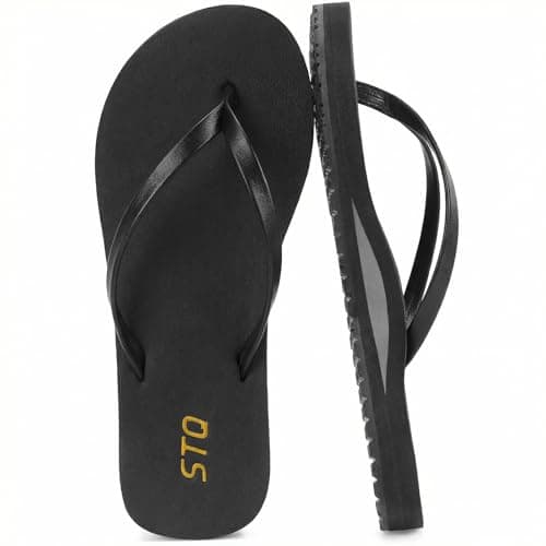 STQ Arch Support Flip Flops for Women Orthopedic Plantar Fasciitis Relief Slim Summer Beach Leather Orthotic Flip-Flop Yoga Mat Sole Lightweight Comfortable Walking Thong Sandals All Black Size 9 - Image 1