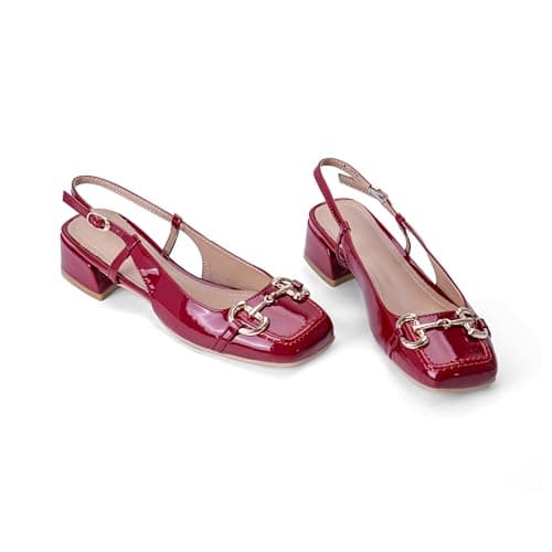 Red Slingback Mary Jane Heels for Women Square Toe Pump Shoes Low Block Chunky Heel Closed Toe Heels Classic Daily Office Dressy Church Shoes Size 10 - Thumbnail 3