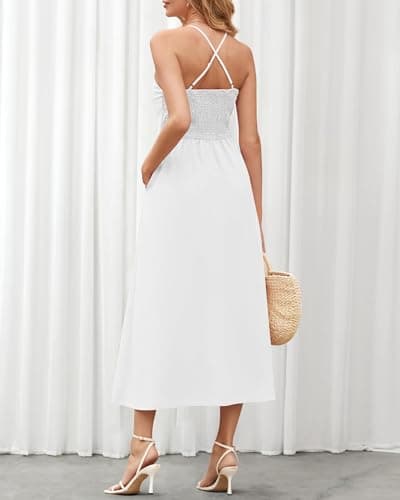 BTFBM Women 2026 Spaghetti Strap Midi Summer Dresses Sleeveless V Neck Cutout Slit Casual Beach Party Maxi Dress Pockets(White, Medium) - Thumbnail 5