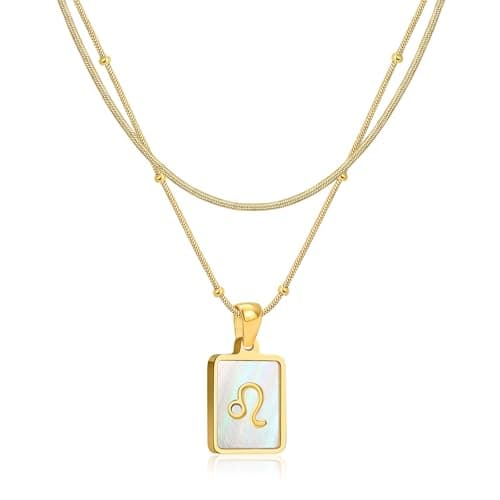 LETFLY Leo Zodiac Necklace for Women, 18K Gold Plated Natural Shell Astrology Pendant, Double Layered Snake Chain Personalized Celestial Jewelry, Birthday Gifts for Women - Image 1