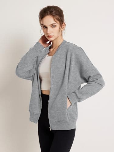 GEMLON Womens Full Zip Up Sweatshirts No Hood Long Sleeve Casual Loose Fall Fashion Jackets with Pockets Light Grey 2X-Large - Thumbnail 5
