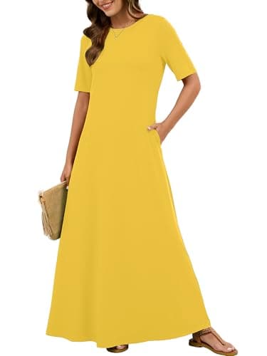 KORSIS Maxi Dresses for Women Short Sleeve Casual Spring Yellow 2XL Long T Shirt Dress Loose Work Homewear Coffee Sundress with Pockets - Image 1
