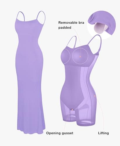 Popilush Womens Summer Purple Maxi Dress Built in Bra Shapewear Tummy Control Bodycon Spaghetti Strap Ribbed Formal Party Dresses - Thumbnail 3