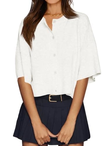 Cicy Bell Womens Half Sleeve Cardigan Sweaters Cropped Button Down Tops Oversized Lightweight Ribbed Knit Summer Outfits White - Image 1